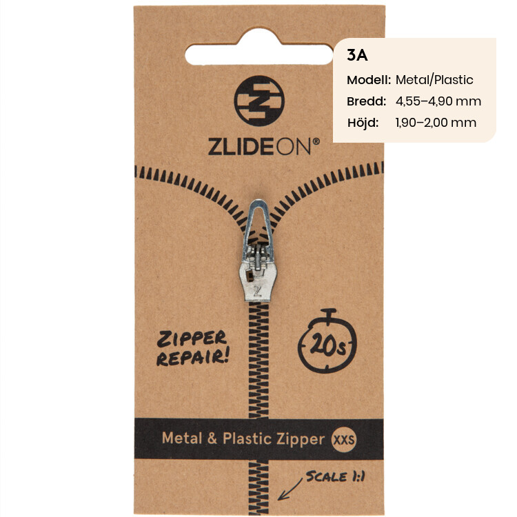 ZlideOn - löpare till dragkedjan, 3A Silver Metal/Plastic XXS