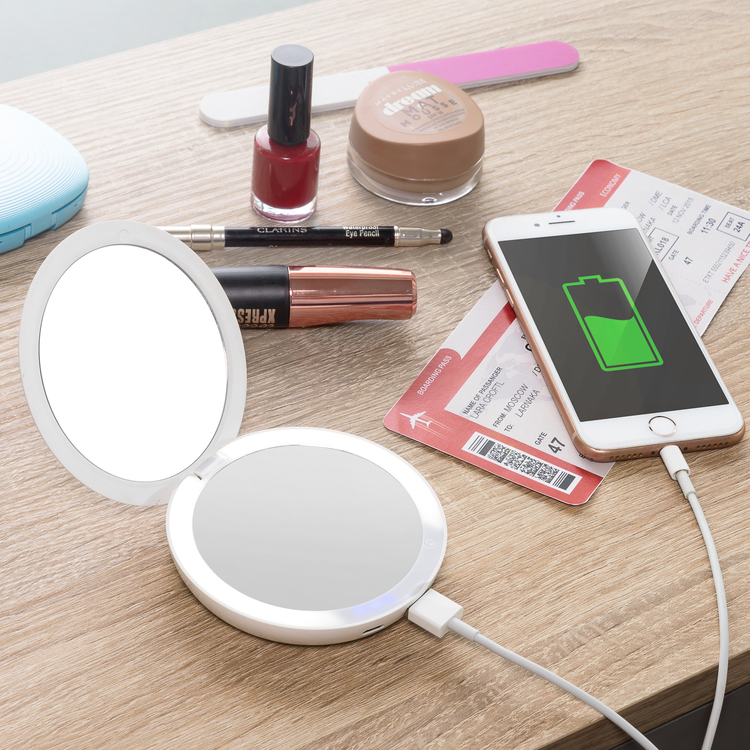 Fickspegel med belysning & powerbank