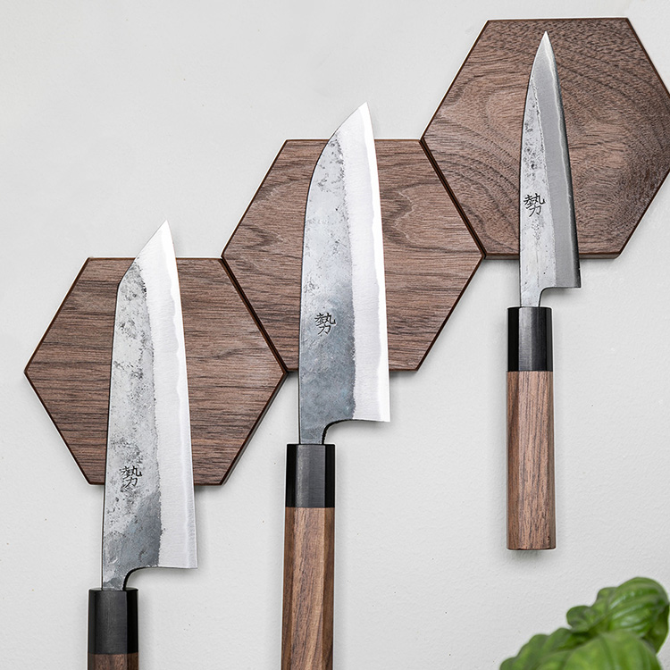 Knivmagnet i trä HEXA, Valnöt 3-pack