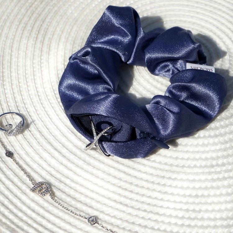 Scrunchie med ficka, Satin Blå