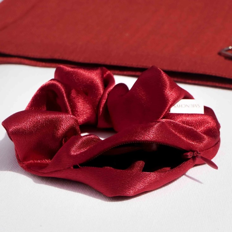 Scrunchie med ficka, Satin Röd
