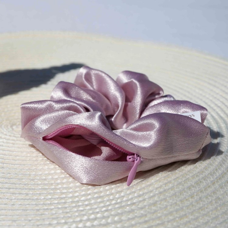 Scrunchie med ficka, Satin Rosa