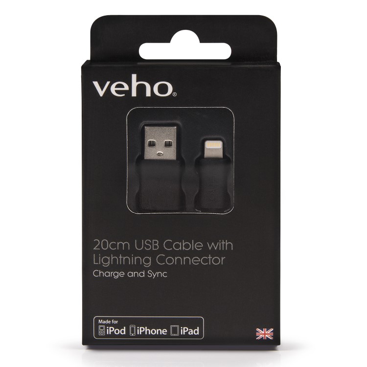 Kort USB-kabel, 20 cm, USB-A till Lightning