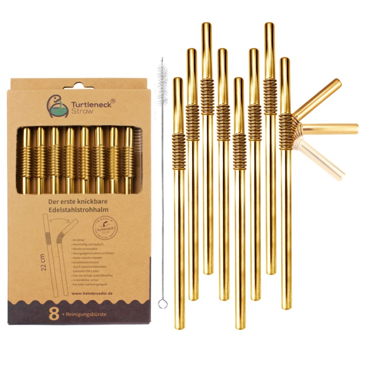 Böjbara metallsugrör, Guld 8-pack
