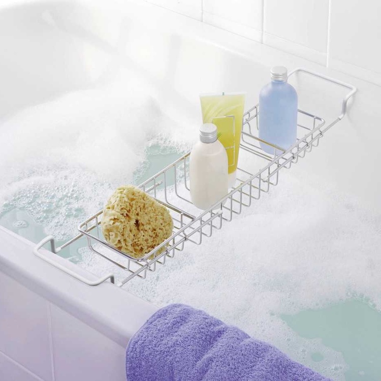 Badkarsbricka i metall, Utdragbar, TELESCOPIC BATH TUB TRAY, 58-92 x 13 x H 8 cm, Silver