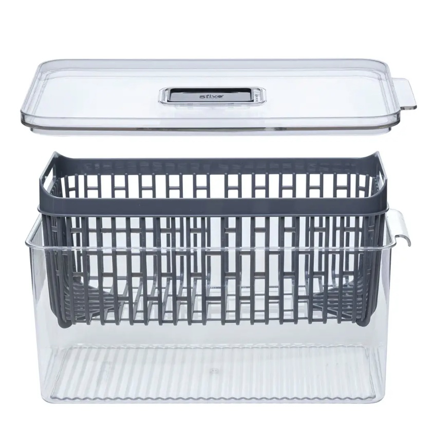 Behållare med durkslag. SMALL STAY FRESH BIN, 24 x 15.5 x H 12 cm, Klar / Grå