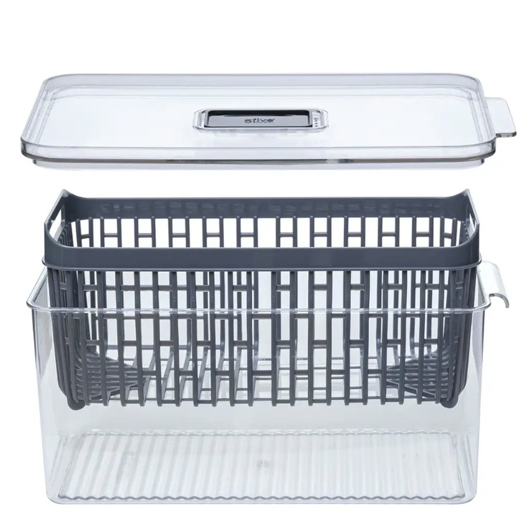 Behållare med durkslag. SMALL STAY FRESH BIN, 24 x 15.5 x H 12 cm, Klar / Grå
