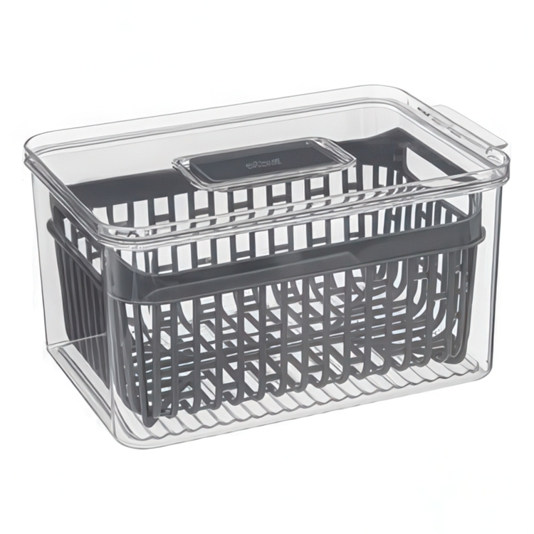 Behållare med durkslag. SMALL STAY FRESH BIN, 24 x 15.5 x H 12 cm, Klar / Grå