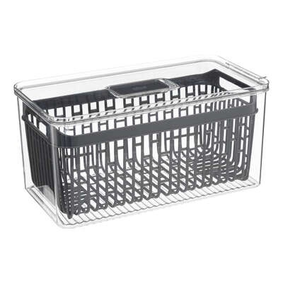 Behållare med durkslag. STAY FRESH BIN, 32,5 x 16,4 x H 15 cm, Klar / Grå