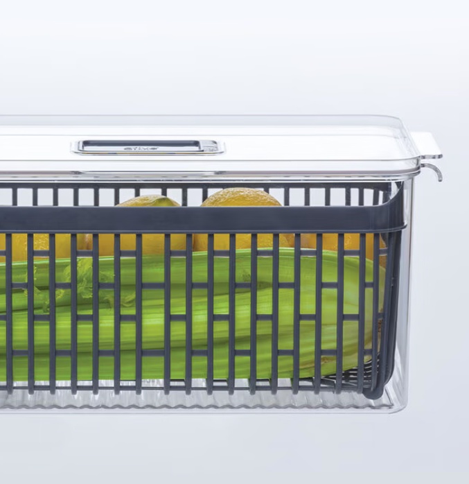 Behållare med durkslag. STAY FRESH BIN, 32,5 x 16,4 x H 15 cm, Klar / Grå