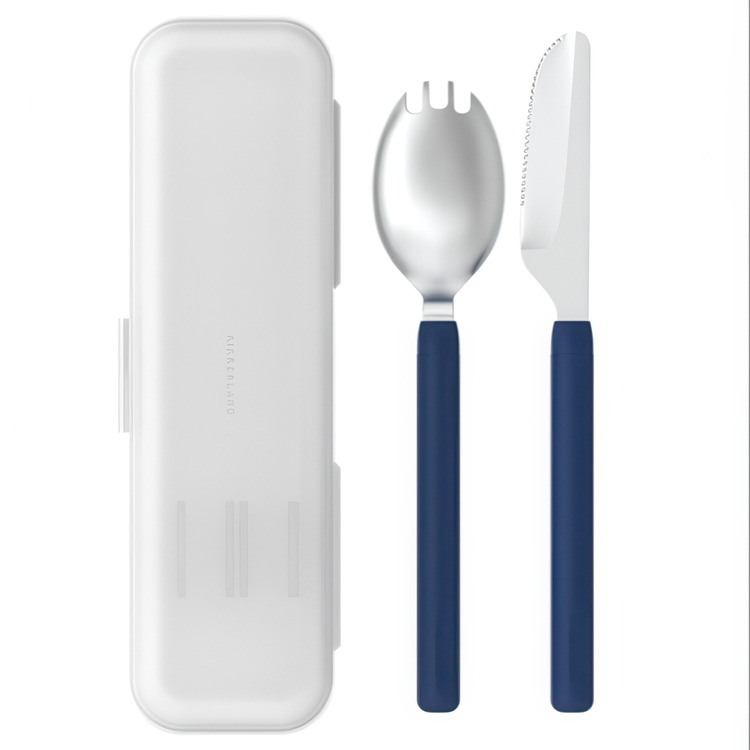 Bestick i fodral, SPORK & KNIFE SET, Kikkerland, Marinblå