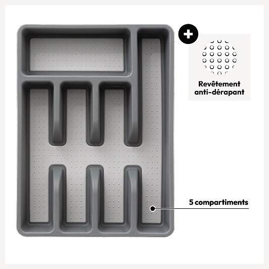 Besticklåda, 5 fack, NON SLIP RANGE-COUVERTS, 36,5 x 26.5 x H 5 cm, Grå