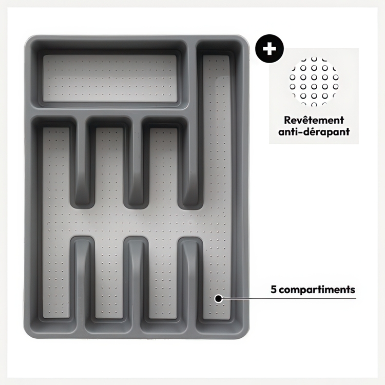 Besticklåda, 5 fack, NON SLIP RANGE-COUVERTS, 36,5 x 26.5 x H 5 cm, Grå