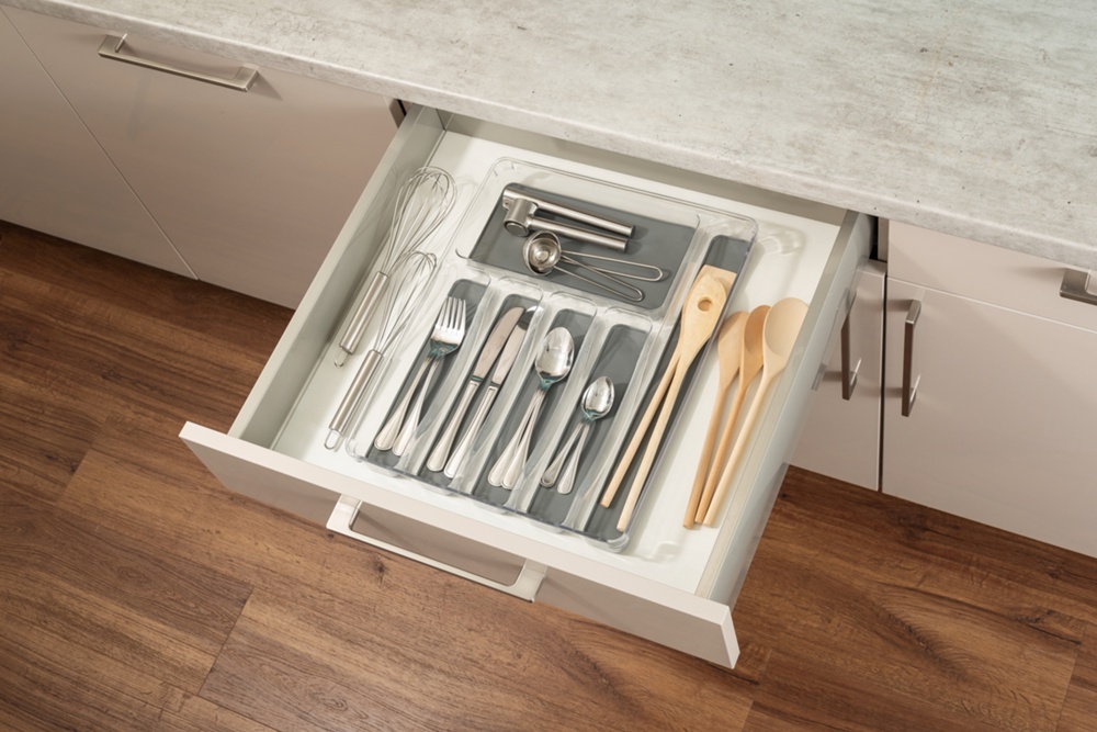 Besticklåda, 6 fack, ANTI-SLIP ORGANIZER, 40 x 32 x H 4,5 cm, Klar / Ljusgrå