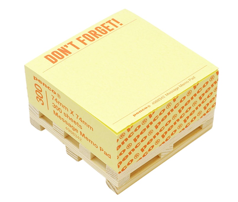 Blockkub på liten träpall, PENCO DON'T FORGET, 7,4 x 7,4 cm, Gul