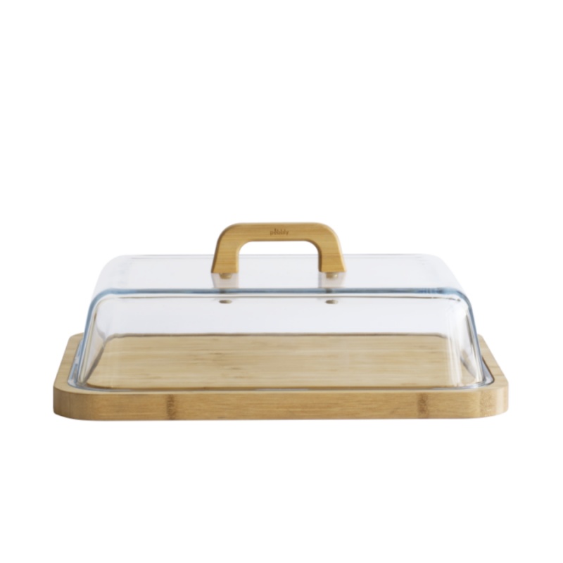 Bricka av bambu med glaslock, PEBBLY PLATEAU Ã FROMAGE, 34 x 25 x H 9,5 cm, Klar / Natur