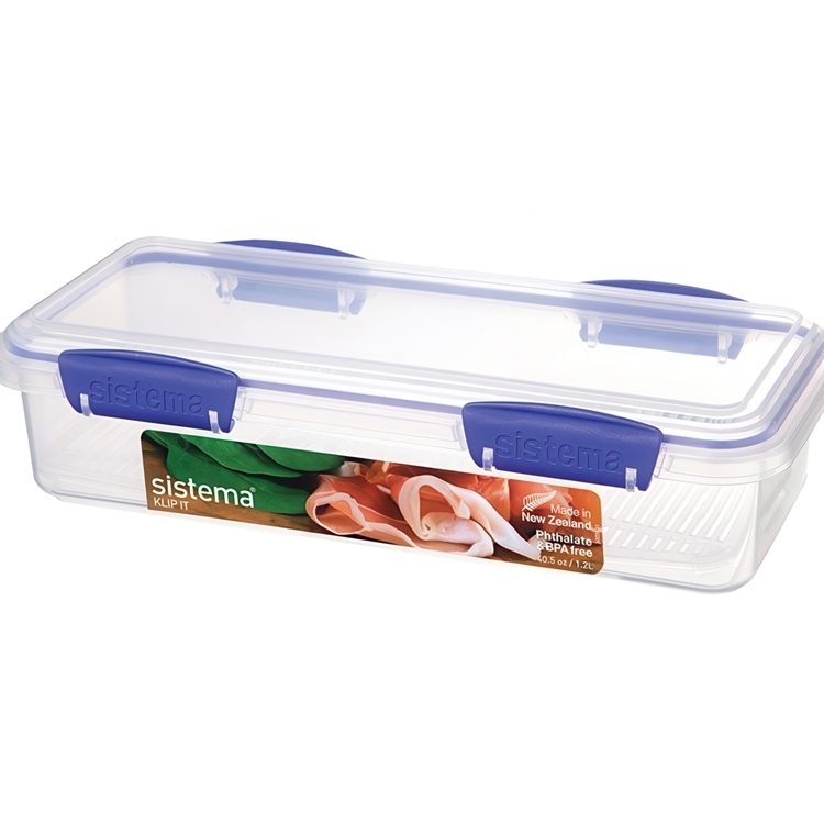Burk för Pålägg, Långsmal, 1,2 L, DELI STORER, 11,5 x 27,6 x H 7 cm, Klar / Blå