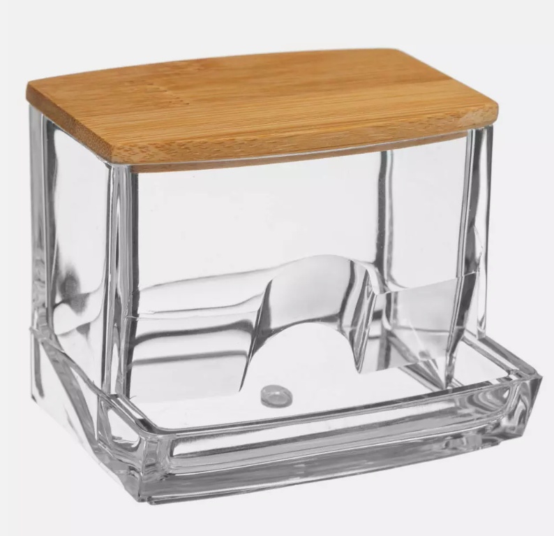 Burk för Tops, SELENA BAMBOO COTTON BUDS DISPENSER, 9,3 x 8 x H 7,4 cm, Klar / Natur