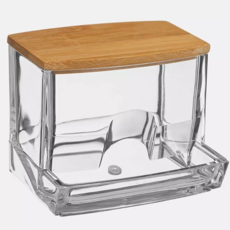 Burk för Tops, SELENA BAMBOO COTTON BUDS DISPENSER, 9,3 x 8 x H 7,4 cm, Klar / Natur