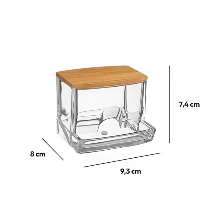 Burk för Tops, SELENA BAMBOO COTTON BUDS DISPENSER, 9,3 x 8 x H 7,4 cm, Klar / Natur