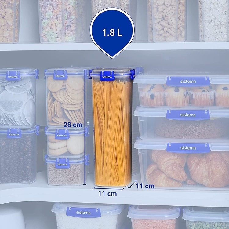 Burk hög, för Kex / Spagetti, 1,8 L, KLIP IT PLUS CRACKER, 11 x 11 x H 28 cm, Klar / Blå