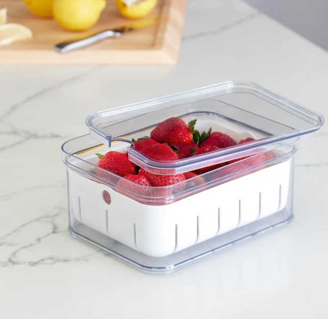 Burk med lock och durkslag, CRISP BERRY BIN, 16,5 x 21,6 x H 9,5 cm, Transparent / Vit