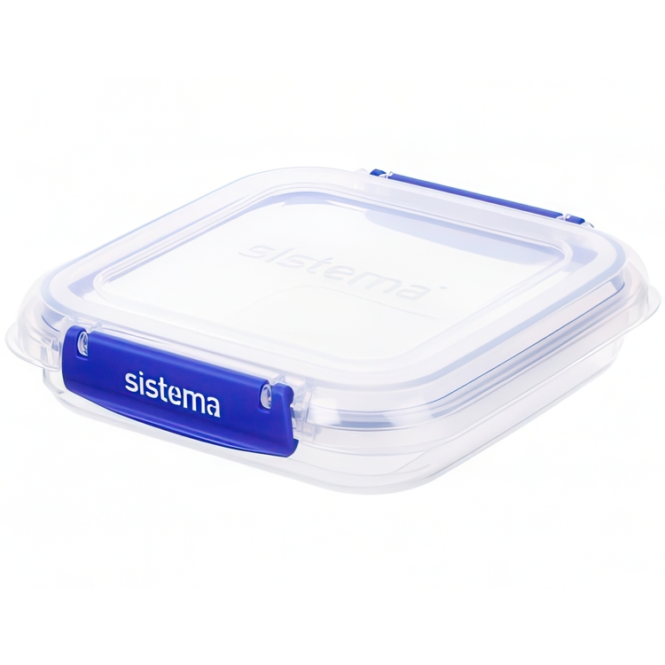 Burk, Fyrkantig, 520ml, KLIP IT PLUS SANDWICH, 16 x 16 x H4 cm, Transparent / Blå