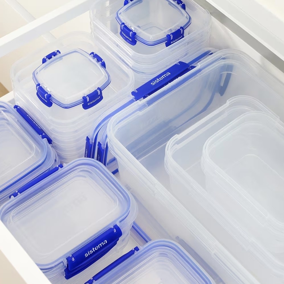Burk, Fyrkantig, 520ml, KLIP IT PLUS SANDWICH, 16 x 16 x H4 cm, Transparent / Blå