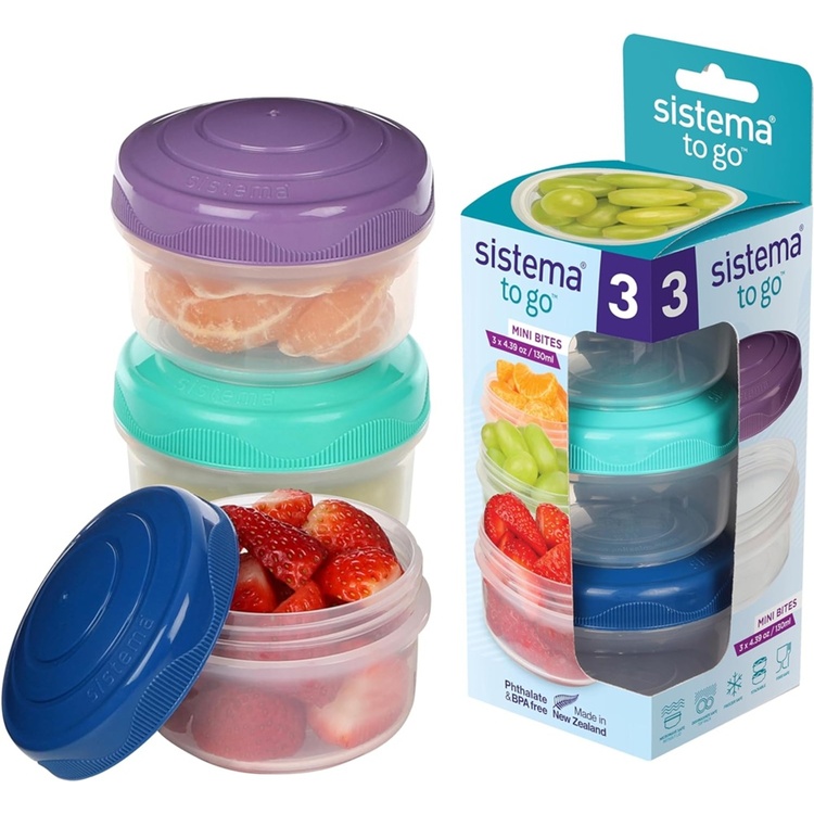 Burkar för mellanmål, 130 ml, 3 st, SISTEMA MINI BITES, Mint / Blå