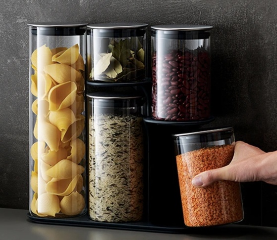 Burkar i glas i smart ställ, 5 st, PODIUM EASY-ACCESS , Joseph Joseph, Klar / Silver