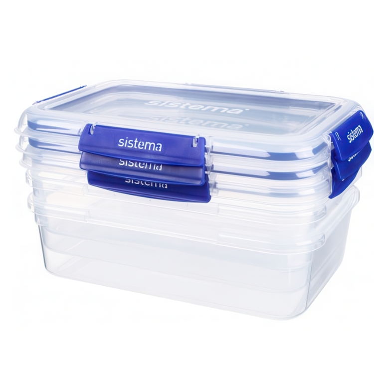 Burkar, 2,2 L, Set med 3, KLIP IT PLUS RECTANGLE SPECIAL, 25,5 x 17,5 x H 8 cm, Klar / Kornblå