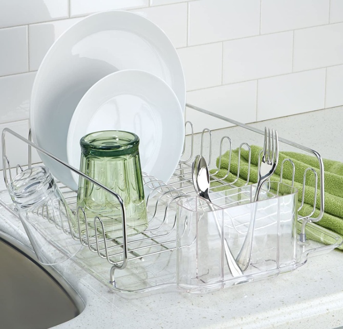 Diskställ med droppbricka, FORMA DISH DRAINER, 34 x 43 x H13 cm, Silver / Klar