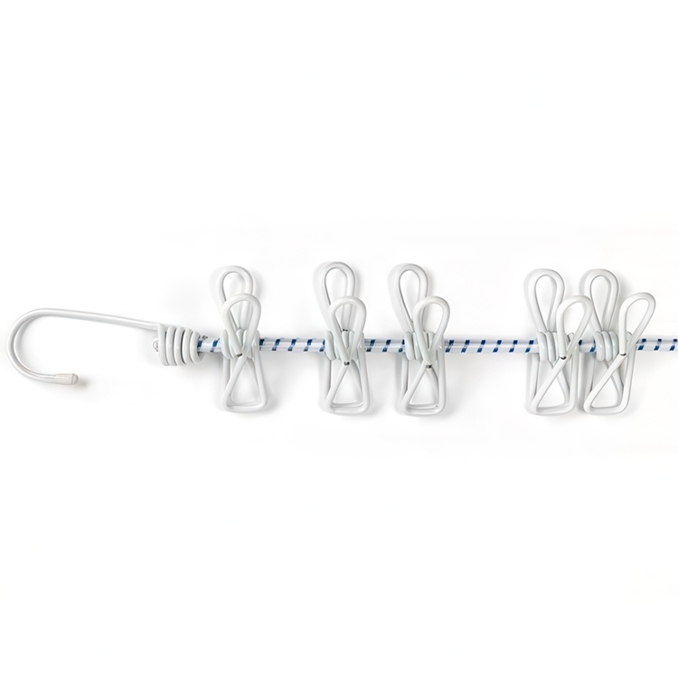 Elastisk lina / Tvättlina med 10 klämmor, FLEXX UNIVERSAL ROPE, 140 - 250 cm, Vit