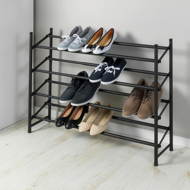 Expanderbar skohylla, 4 hyllor, HERO NON-SLIP, 62~115 x 23 x H 68 cm, Svart
