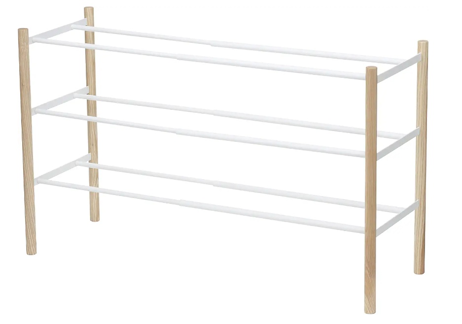 Expanderbar skohylla, metall och trä, PLAIN 3-TIERED, 41 ~ 70 x 25 x H 45,5 cm, Yamazaki, Vit /Natur