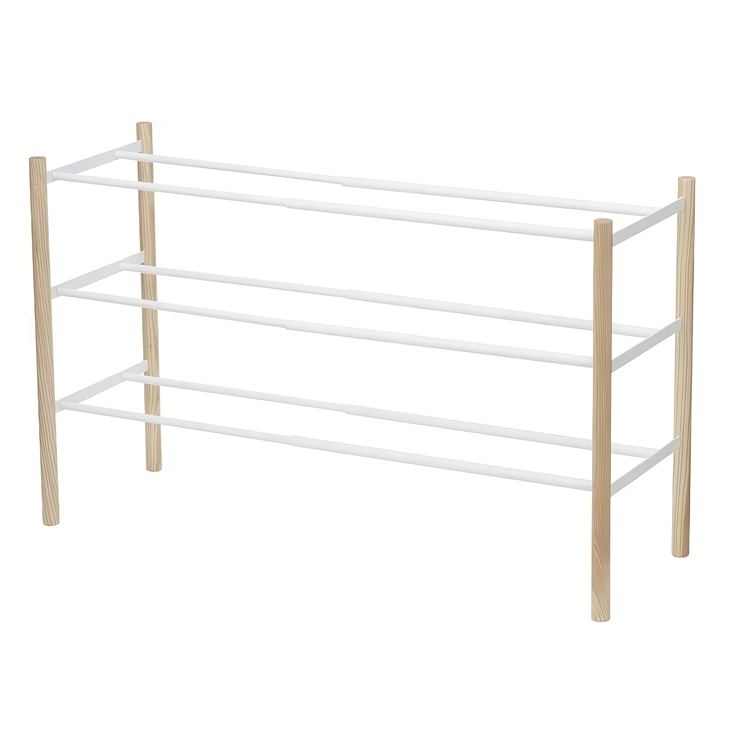 Expanderbar skohylla, metall och trä, PLAIN 3-TIERED, 41 ~ 70 x 25 x H 45,5 cm, Yamazaki, Vit /Natur
