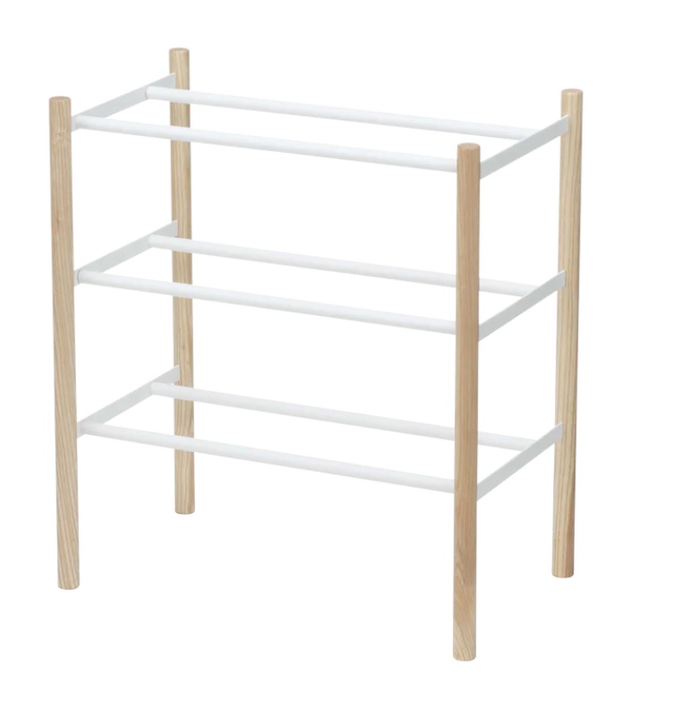 Expanderbar skohylla, metall och trä, PLAIN 3-TIERED, 41 ~ 70 x 25 x H 45,5 cm, Yamazaki, Vit /Natur