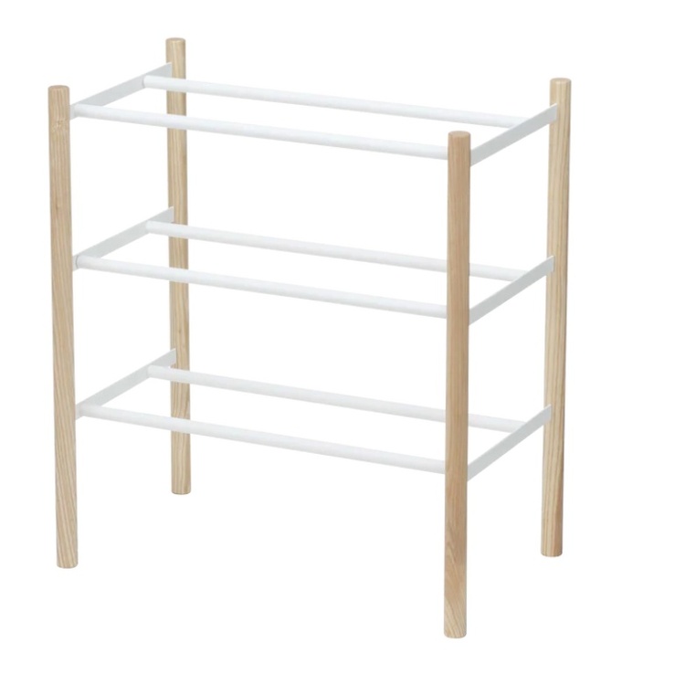 Expanderbar skohylla, metall och trä, PLAIN 3-TIERED, 41 ~ 70 x 25 x H 45,5 cm, Yamazaki, Vit /Natur