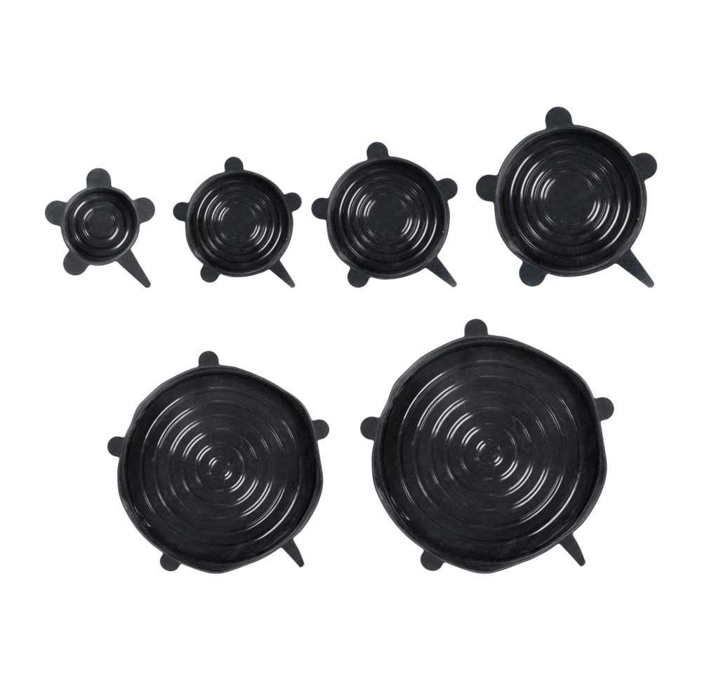 Expanderbara, lufttäta lock i silikon, 6 st, BLACK SILICONE STRETCH TOPS, Svarta