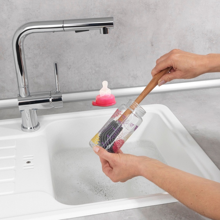 Flaskborste med böjbar silikonspets, FLEXKOPF, Ø 4,5 x H 30 cm, Grå / natur