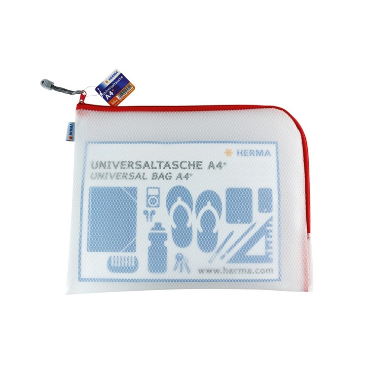 Fodral med dragkedja, UNIVERSAL BAG A4+, 36 x 28 cm, Transparent / Röd