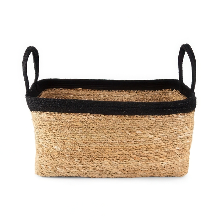 Förvaringskorg av Sjögräs och Jute, LARGE PANIER DE RANGEMENT, 34 x 23 x H 18 cm, Natur / Svart