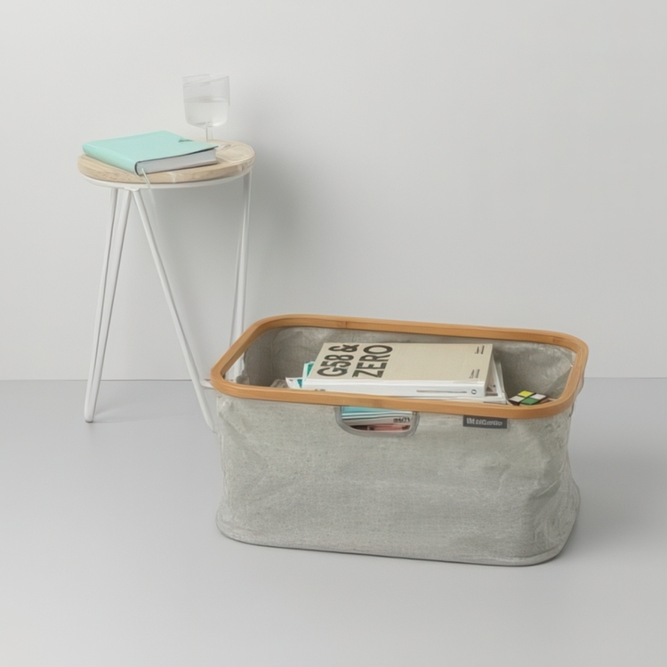 Förvaringskorg med bambukant, Hopfällbar, BRABANTIA, 36 x 54 x H 26,5 cm, Grå / Natur