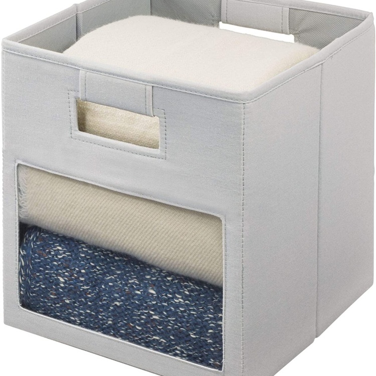 Förvaringskorg med fönster, EVIE CUBE, 27,5 x 27,5 x H 28 cm, Ljusgrå