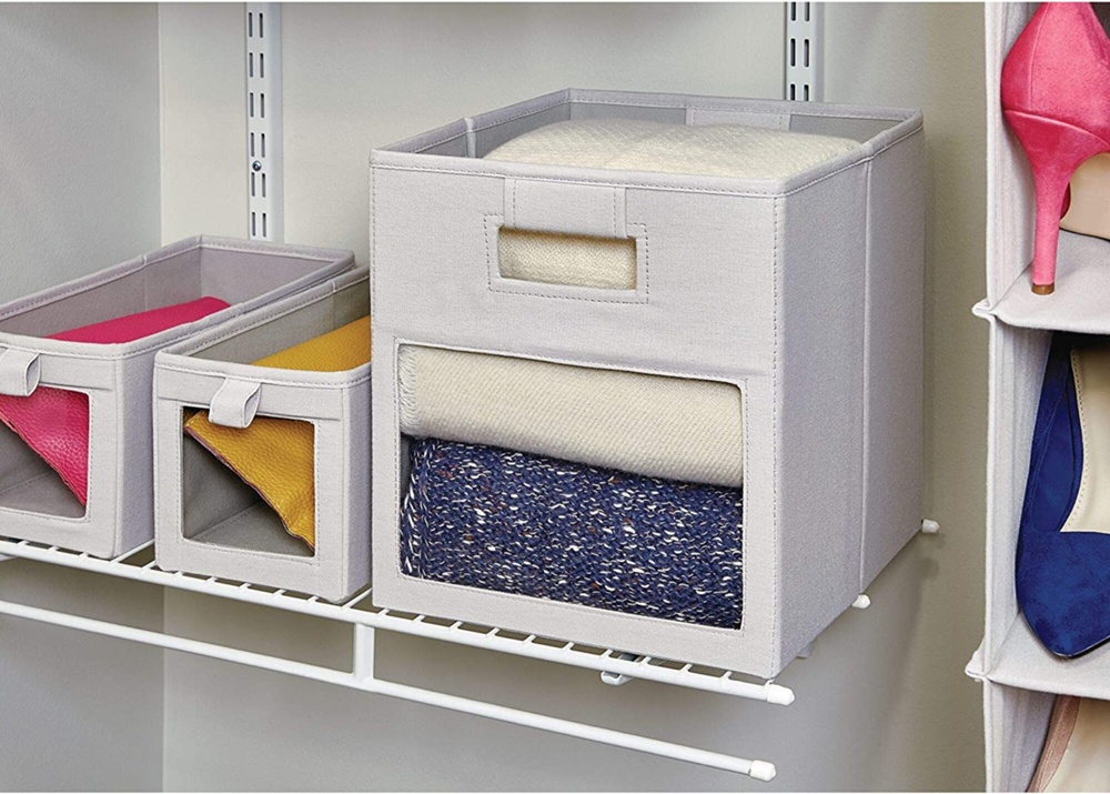 Förvaringskorg med fönster, EVIE CUBE, 27,5 x 27,5 x H 28 cm, Ljusgrå