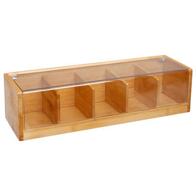 Förvaringslåda för Sortering, Avlång, BAMBOO TEA BOX, 5 fack, 36 x 11 x H 9,5 cm, Natur / Klar