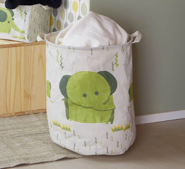 Förvaringssäck i tyg, ELEPHANT TOY BASKET, Ø 35 x H 45 cm, Vit/Grön