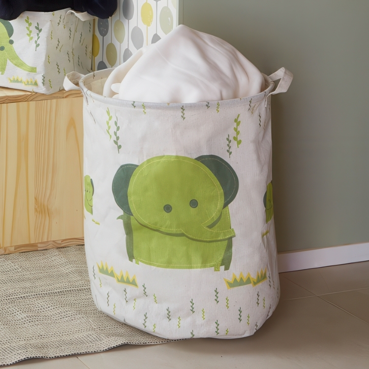 Förvaringssäck i tyg, ELEPHANT TOY BASKET, Ø 35 x H 45 cm, Vit/Grön