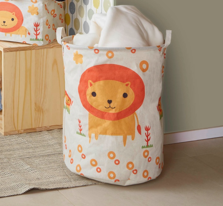 Förvaringssäck i tyg, LION TOY BASKET, Ø 35 x H 45 cm, Vit / Orange