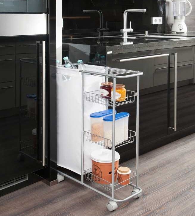 Förvaringsvagn med tvättsäck, COLLECTION TROLLEY, 58 x 20 x H 80 cm, Silvergrå